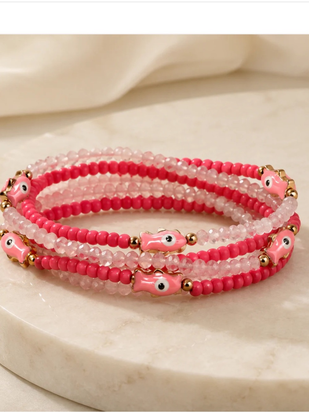 Pink Glass Elastic Bead Evil Eyes Bracelet Set